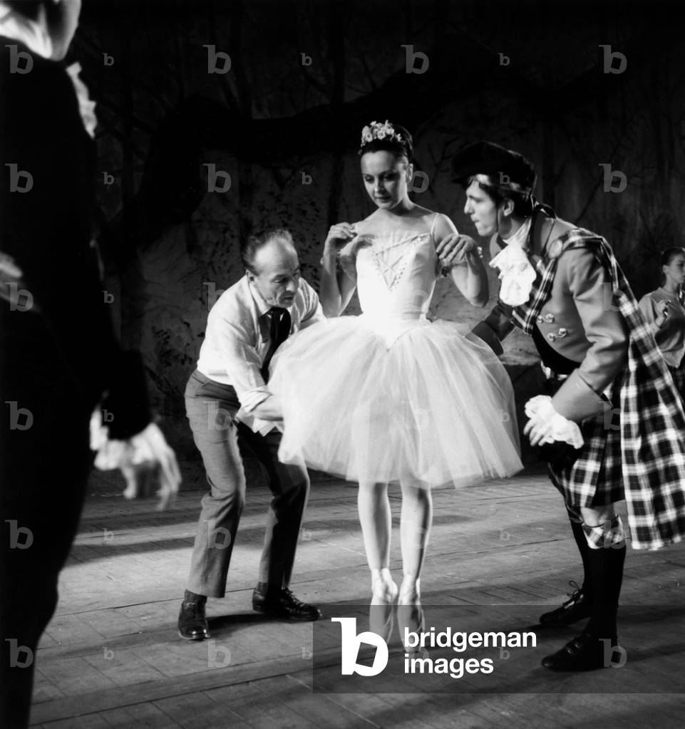 George Balanchine (1904-1983) Russian Choreographer and Ballet Master during Rehearsal With Jacqueline Rayet at Paris Opera House December 17, 1963  (b/w photo)