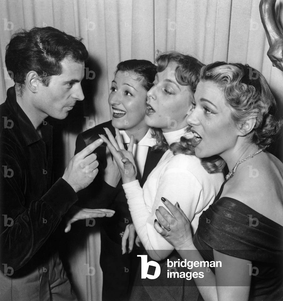 Jacques Verrieres, Madette Marion, Renee Lamy and Danielle Dupre on November 19, 1952 at Prize Giving (b/w photo)