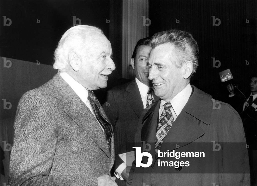 Louis Aragon and Roland Leroy during Congress of French Communist Party on October 24, 1974 (b/w photo)