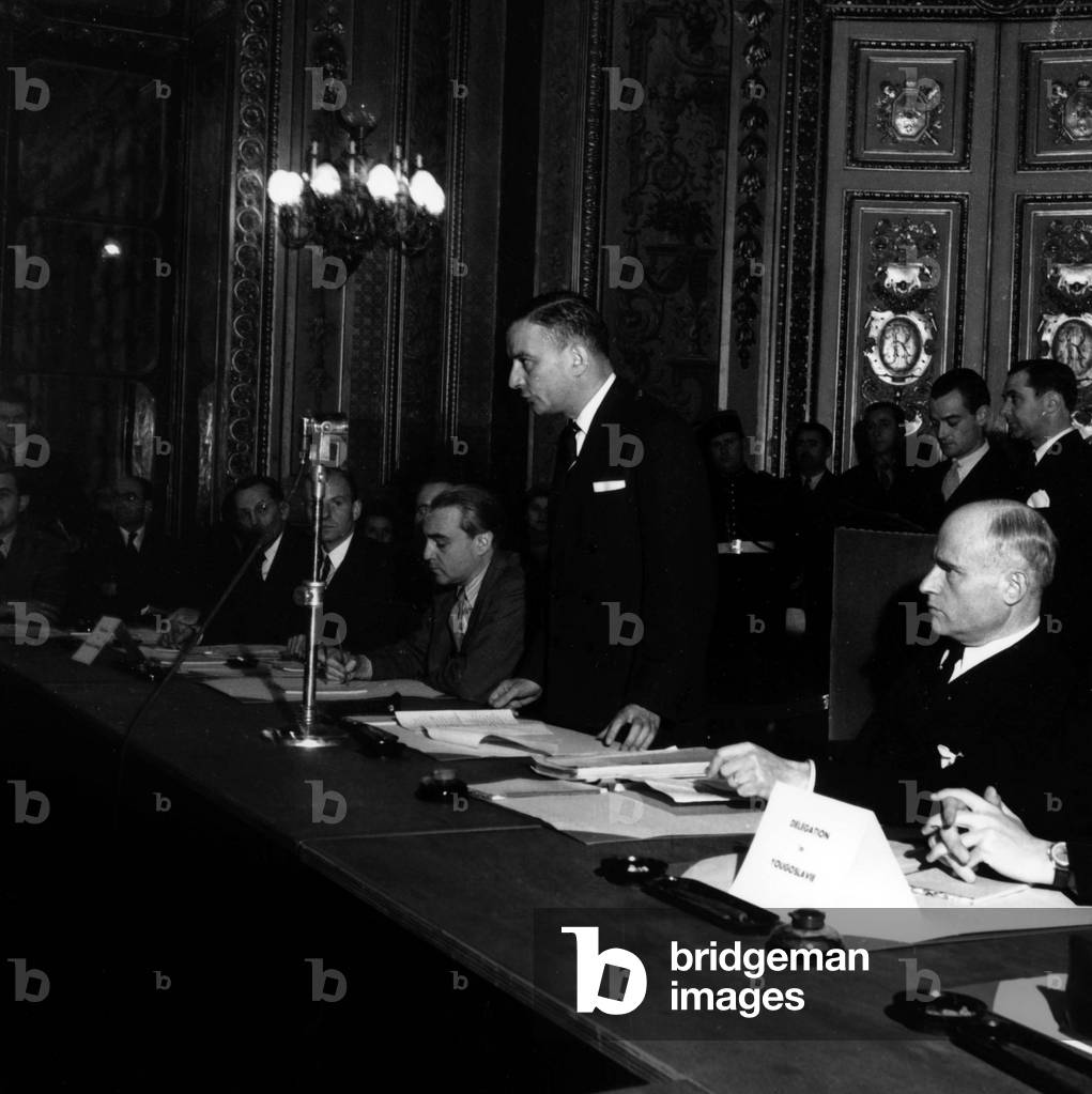 Georges Bidault, French Minister of Foreign Affairs, during Conference of Paris About Repairs, December 1945 (b/w photo)