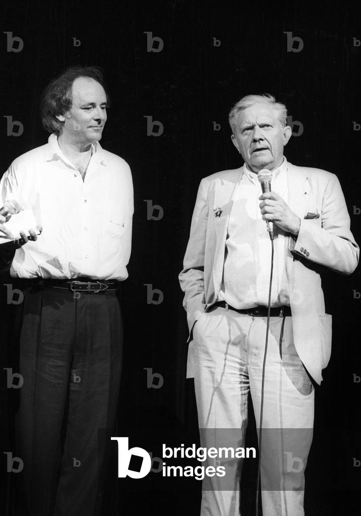 Maxime Le Forestier, President of The Jury of The Georgesbrassens Days (French Song Days in Memory of French Singer Georgesbrassens) Presenting Swiss Singer Sarcloret June 25, 1990 (b/w photo)