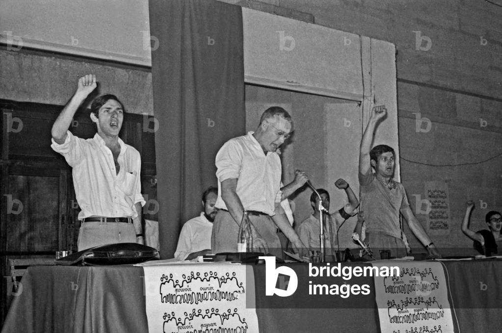 Jacques Sauvageot (R) and Marc Hergon (C) during Meeting of Psu (Unified Socialist Party) in Avignon July 30, 1968 (b/w photo)