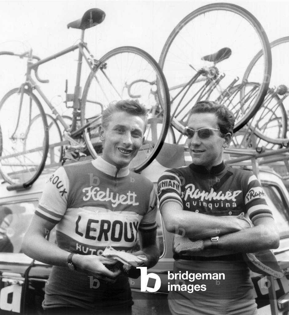 Cyclists Jacques Anquetil and Roger Riviere on Departure of The Paris-Roubaix Cycling Race April 10, 1960 (b/w photo)