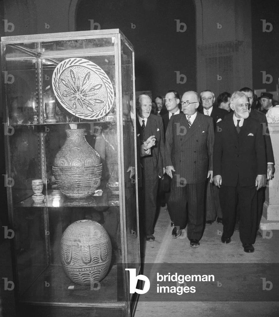 French president Vincent Auriol visiting an Art Exhibition, Paris, May 12, 1950 (b/w photo)