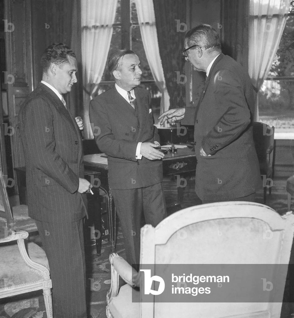 Transfer of power : French politicians Maurice Bourges-Maunoury, Georges Bidault  and Jules Moch, Paris, August 11, 1951 (b/w photo)