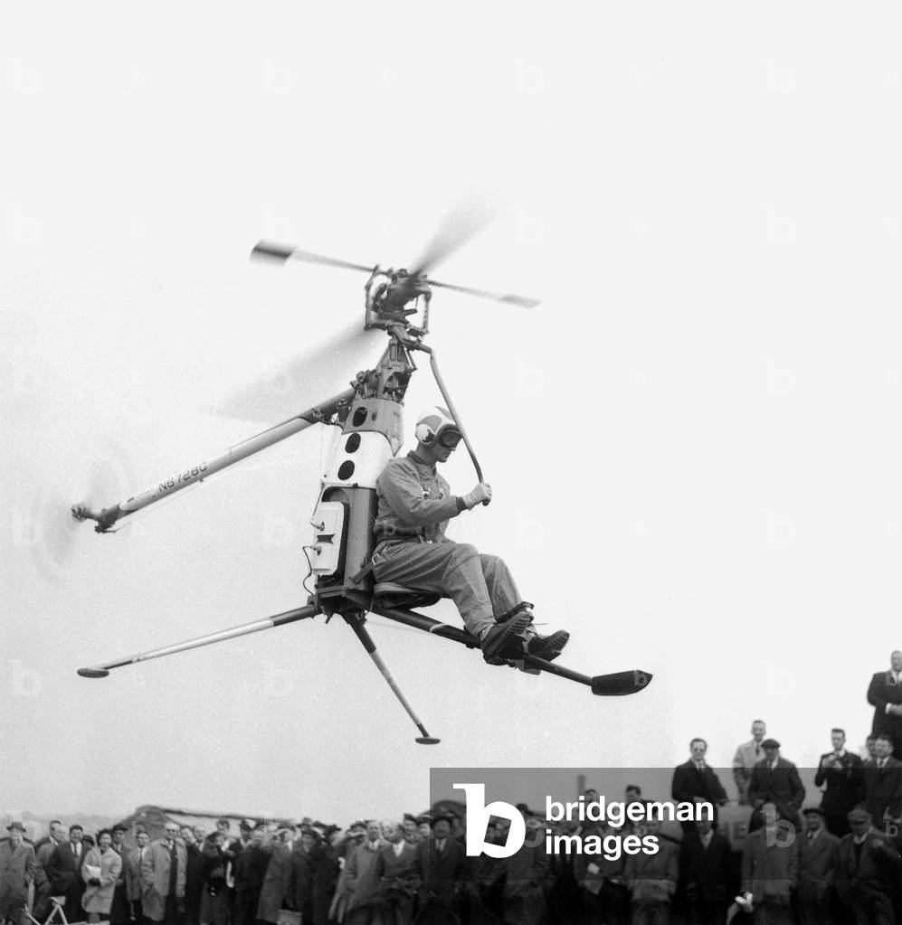 The Rotorcycle Presented here in Issy Les Moulineaux Near Paris April 14, 1958 his Weight 136 Kg He Can Go at 100Km/H and Already Used By American Army For Recognition Missions (b/w photo)