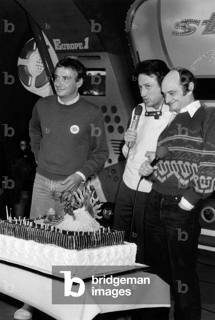 Michel Sardou, Michel Drucker and Sim at The Studio One November 27, 1984 (b/w photo)