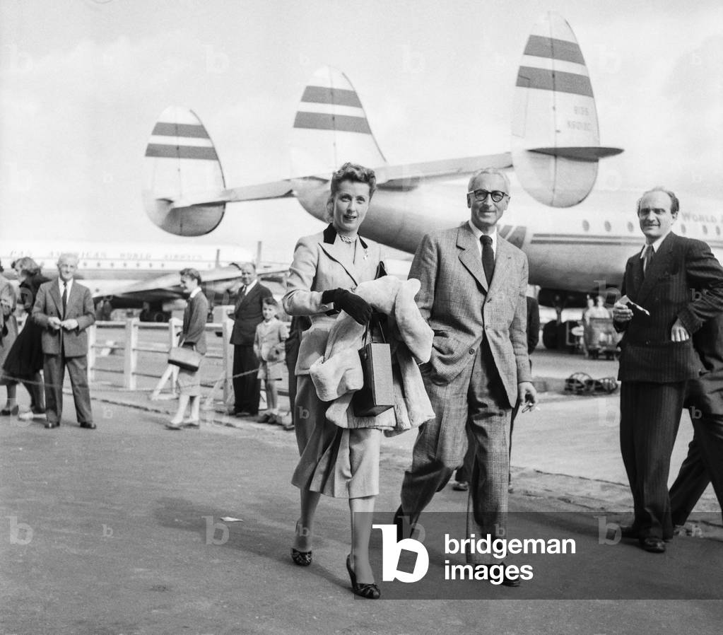 French actress Danielle Darrieux arriving at Orly airport, Paris, September 27, 1951 (b/w photo)