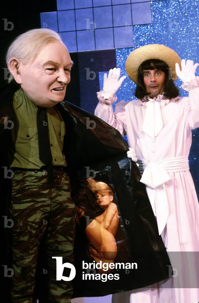 French Humorist Thierry Le Luron during French TV Programme Cartooning Chantal Goya and Jean Marie Le Pen December 6, 1984 (photo)