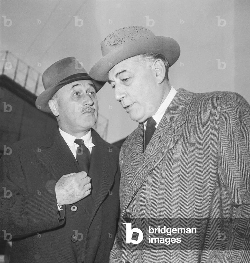 French Minister Rene Mayer leaving for USA, here at the station in Paris, 1951 with Jean Monnet (l) (b/w photo)