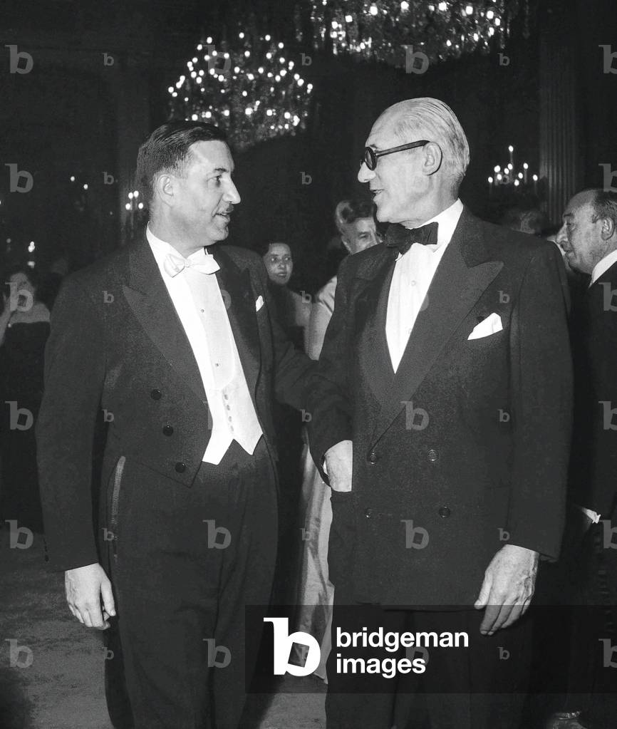 Reception of members of French Parliament at the Elysee, Paris, February 1st, 1951 : Claudius Petit and architect Le Corbusier (b/w photo)