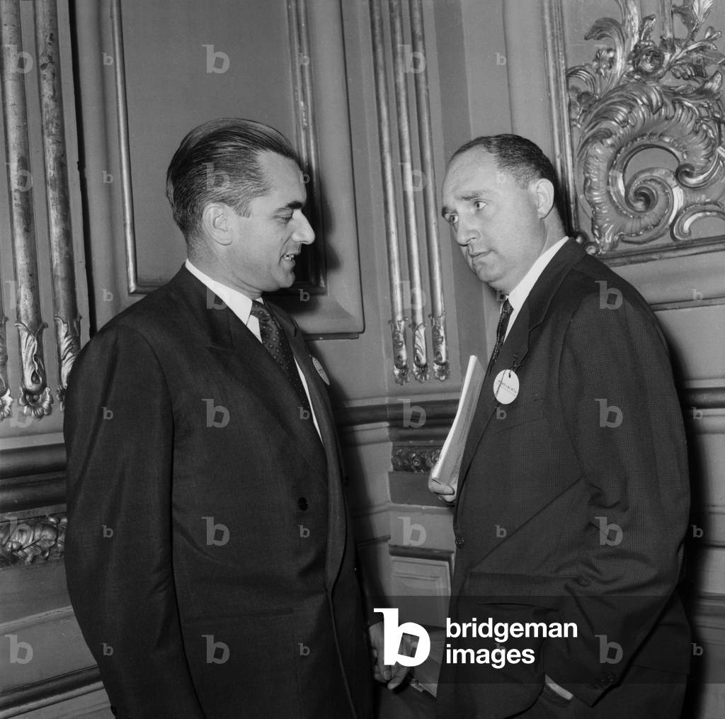 French Politicians Jacques Chaban Delmas and Lucien Neuwirth at National Council of French Political Party Unr in Paris July 25, 1959 (b/w photo)