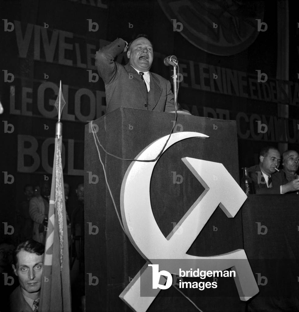 Maurice Thorez, Leader of French Communist Party, during A Speech For Anniversary of The Russian October Revolution, Paris, November 5, 1948 (b/w photo)