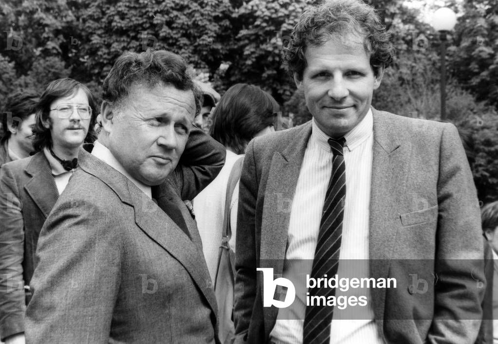 Presenter Philippe Bouvard and Journalist Patrick Poivre D'Arvor on Set of TV Programme April 26, 1983 (b/w photo)