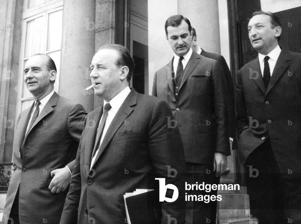 Jean Chamant Minister of Transports Raymond Marcellin Minister of Interior Yvon Bourges Minister of Foreign Affairs and Andre Bord Secretary of State For Minister of Interior Leaving Elysee Palace After Ministers Council July 3, 1968 (b/w photo)