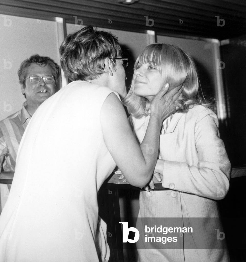 France Gall , Back From Tour in Japan, Greeted By her Mother at Paris Airport June 23, 1966 (b/w photo)