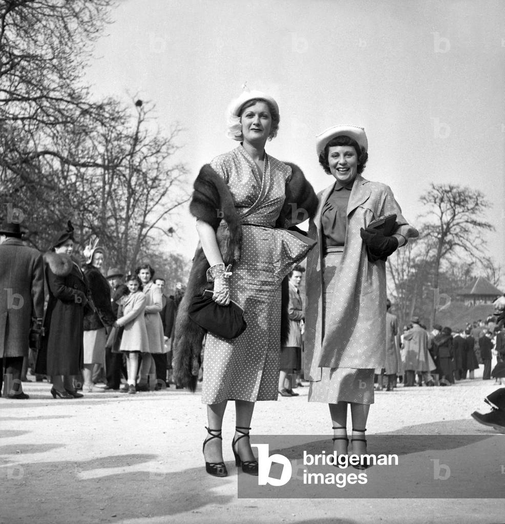 Women Fashion in Longchamp, Paris, March 27, 1949 (b/w photo)