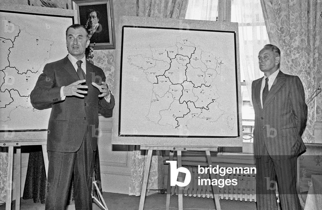 French Minister of Defence Yvon Bourges and Marcel Bigeard (Secretary of State) during A Press Conference in Paris on August 6, 1975 About Organization of Military Areas (b/w photo)