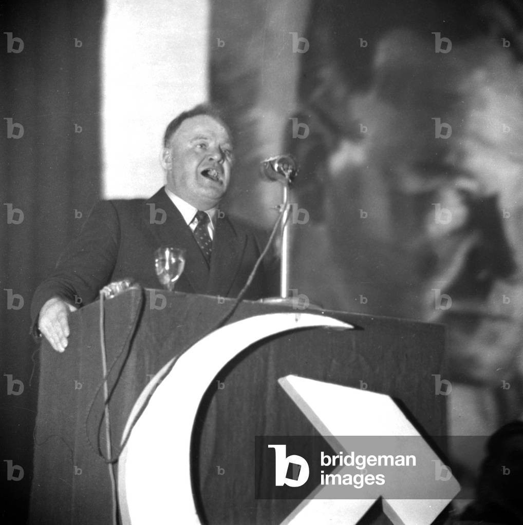 Communist Meeting With Maurice Thorez, Paris, March 2, 1949 (b/w photo)