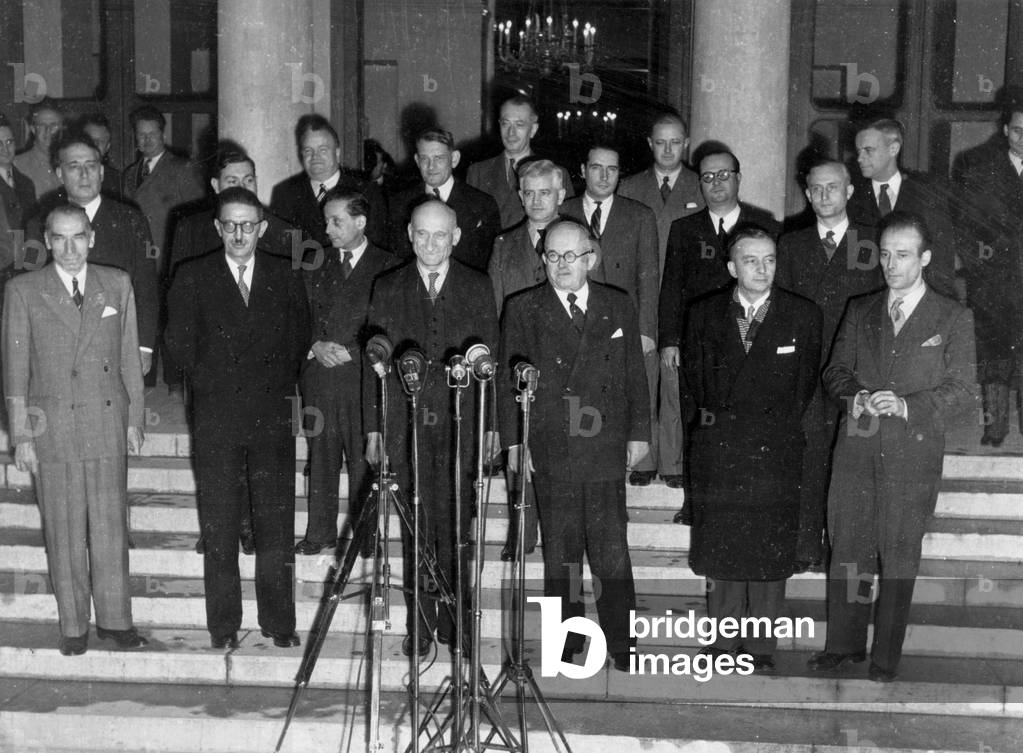 French President Vincent Auriol With Prime Minister Robert Schuman Presenting The Members of his Gouvernement November 24, 1947 : Front Row (R) Georges Bidault Ministers of Foreign Affairs, in The Center L-R Maurice Merez, Rene Coty Minister of Rebuilding and Francois Mitterrand Minister of The Veterans (b/w photo)