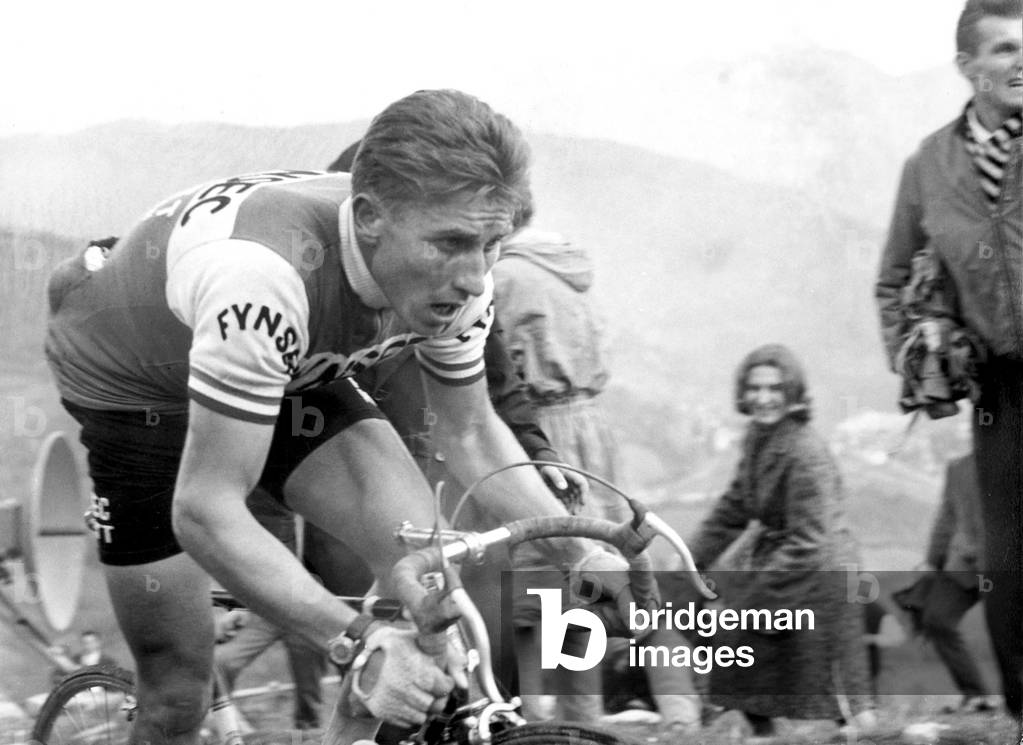 French Cyclist Jacques Anquetil during Cycling Race Paris-Roubaix 1961 (b/w photo)