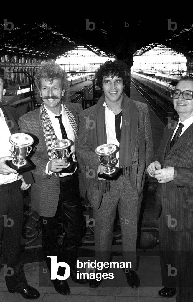 Julien Clerc and Luc Palamandon With Prizes, 1983  (b/w photo)