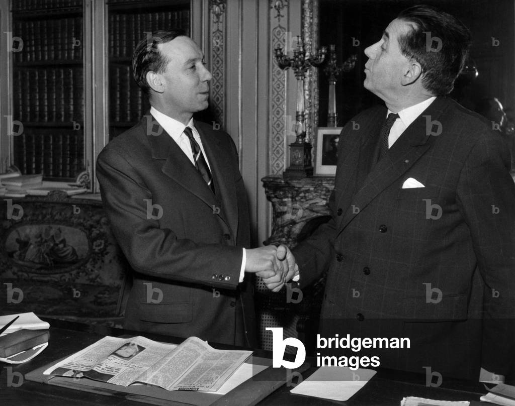 At The French Law Courts Michel Debre (L), January 19, 1959, Nex Prime Minister Shake Hands With Edmond Michelet, New Law Minister in Paris, January 19, 1959 (b/w photo)