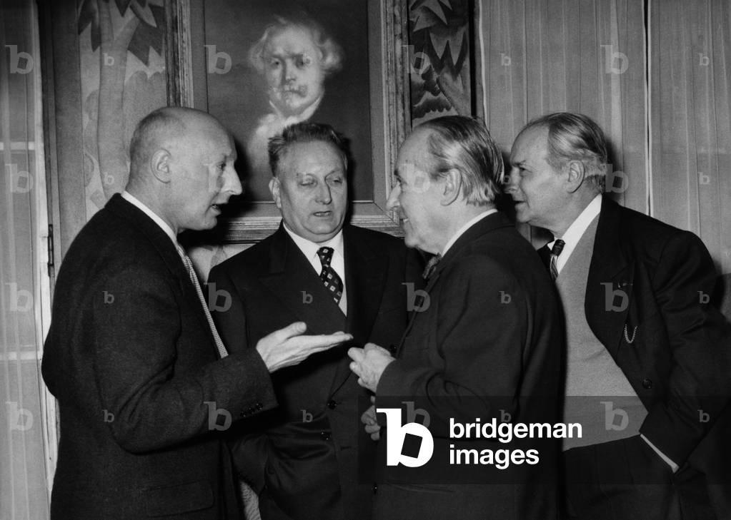 Dinner of the Jury Goncourt: A.Salacrou, J.Giono, R.Dorgeles, A.Arnoux,, 1955 (b/w photo)