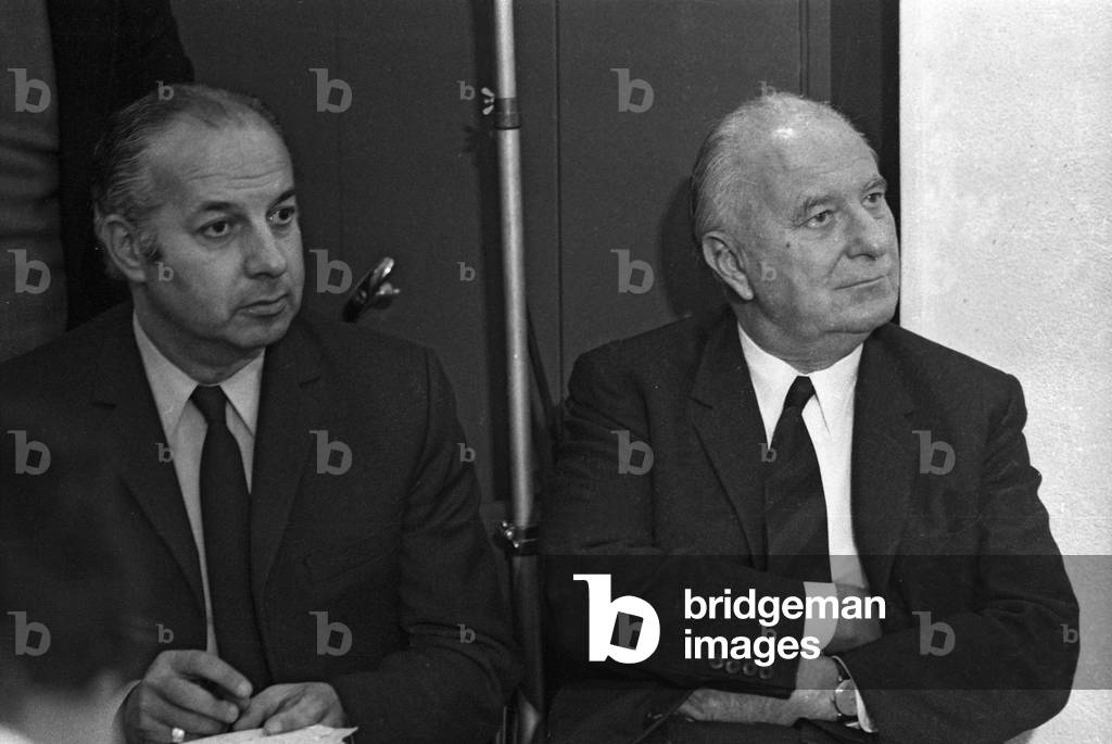 Press conference of FrancoisMitterrand in Paris on October 14, 1971 : Claude Estier and Gaston Deferre (b/w photo)
