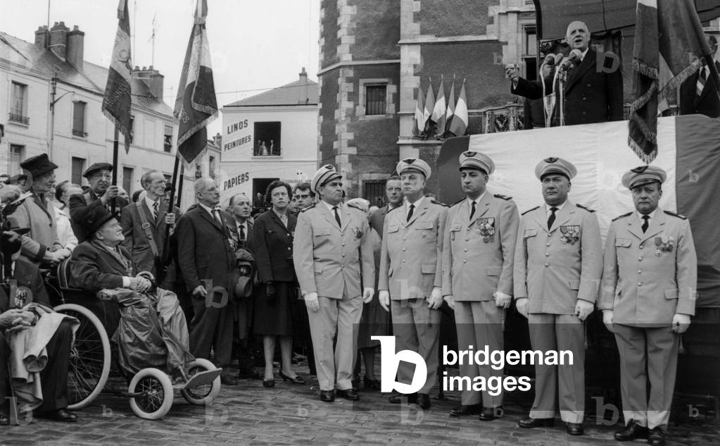 French President Charles De Gaulle in Etampes June 17, 1965 (b/w photo)