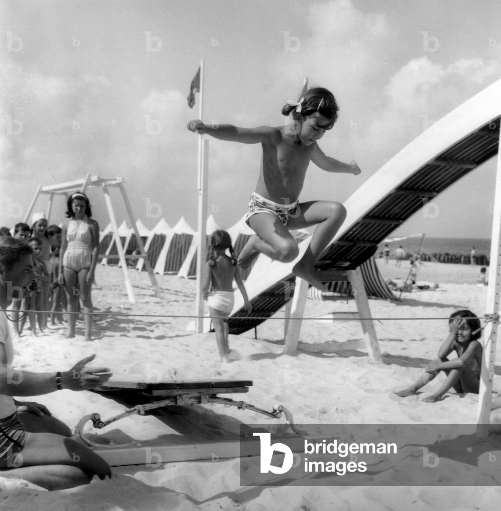 Gymnastic Lessons at Hossegor Beach, France, August 8, 1961 (b/w photo)