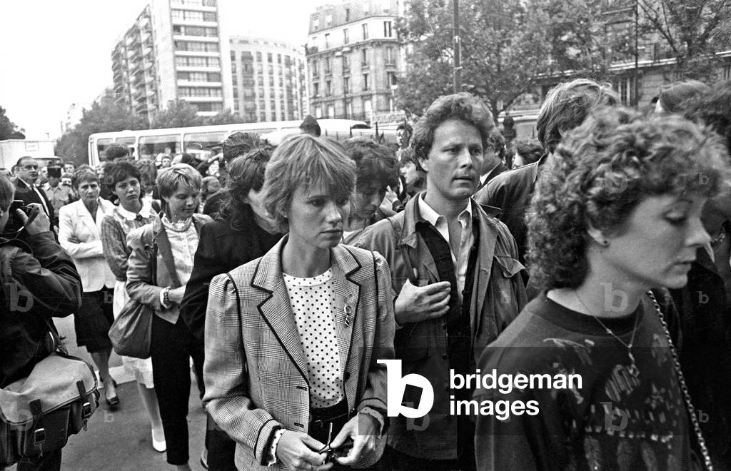 Funeral of Patrick Dewaere in St Pierre De Montrouge Church, July 23, 1982 : here Miou Miou (b/w photo)