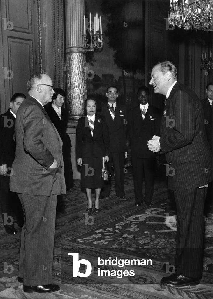 French President Vincent Auriol (1884 - 1966) and Jacques Fourcade, President of The French Union, at The Elysee Palace, January 13, 1951 (b/w photo)