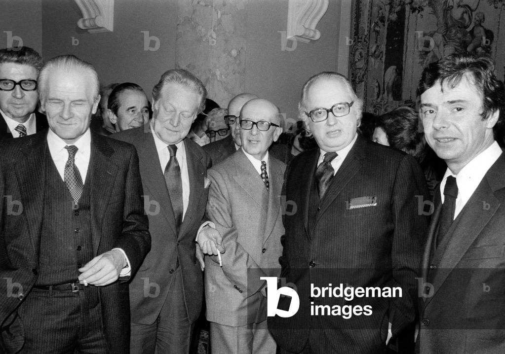 L-R Felicien Marceau Maurice Druon Jean Guitton With Alain Bosquet and Pascal Jardin Both Winners of French Literary Prize November 9, 1978 (b/w photo)