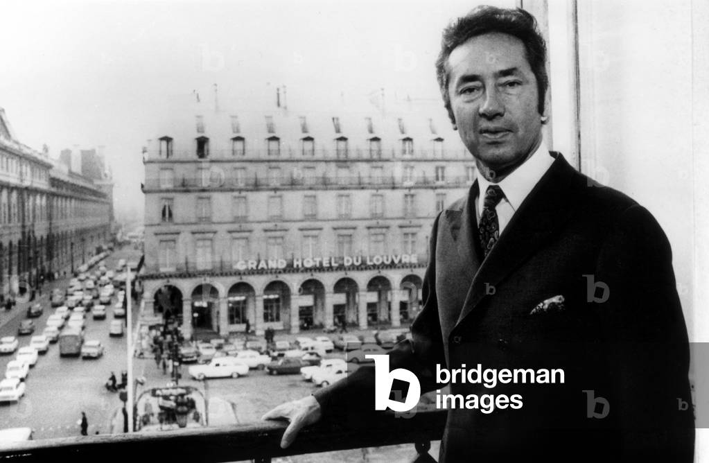 Guy Taittinger (Son of Pierretaittinger), Creator of The Concorde Hotels Group, here in Front of The Grand Hotel of Louvre in Paris on February 3, 1970 (b/w photo)
