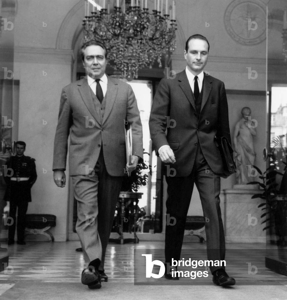 Francois Xavier Ortoli (French Minister of Finances) and Jacques Chirac Leaving Elysee Palace After Council of Ministers, Paris, May 2, 1969 (b/w photo)