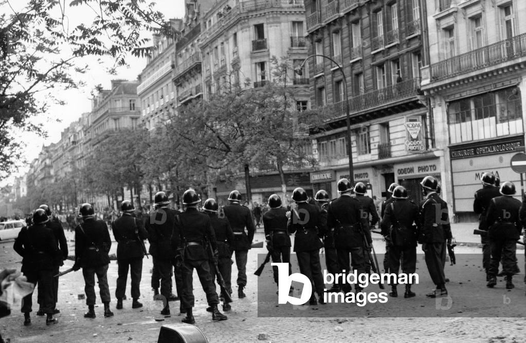 May 68, Paris : Members of Mobile Gendarmerie on The Boulevard St Germain (b/w photo)