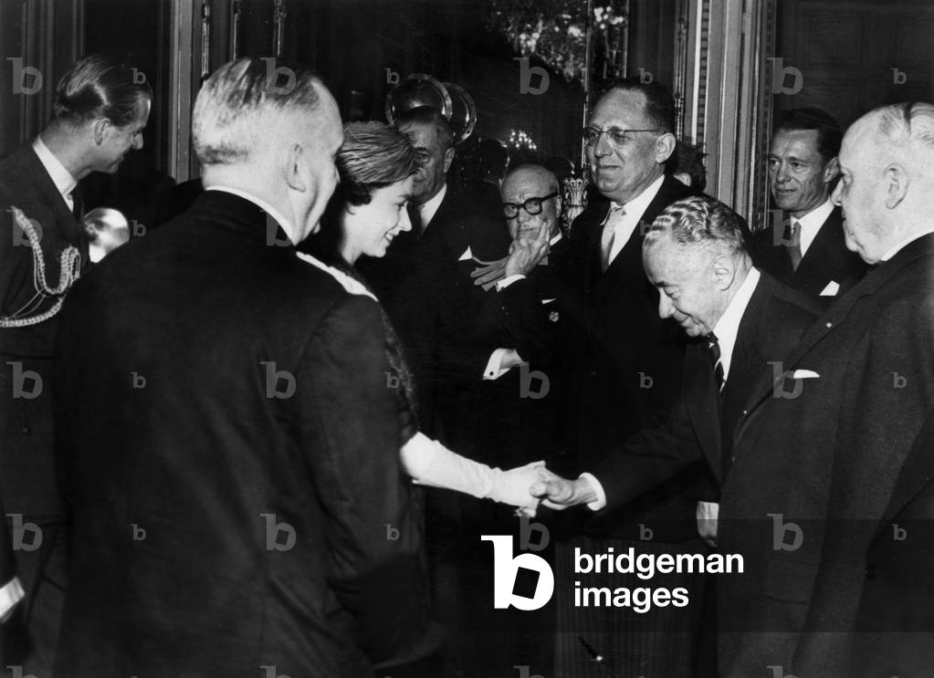 Queen Elizabeth Ii of England in Lille Meeting Paul Reynaud and Maurice Schuman April 12, 1957 (b/w photo)