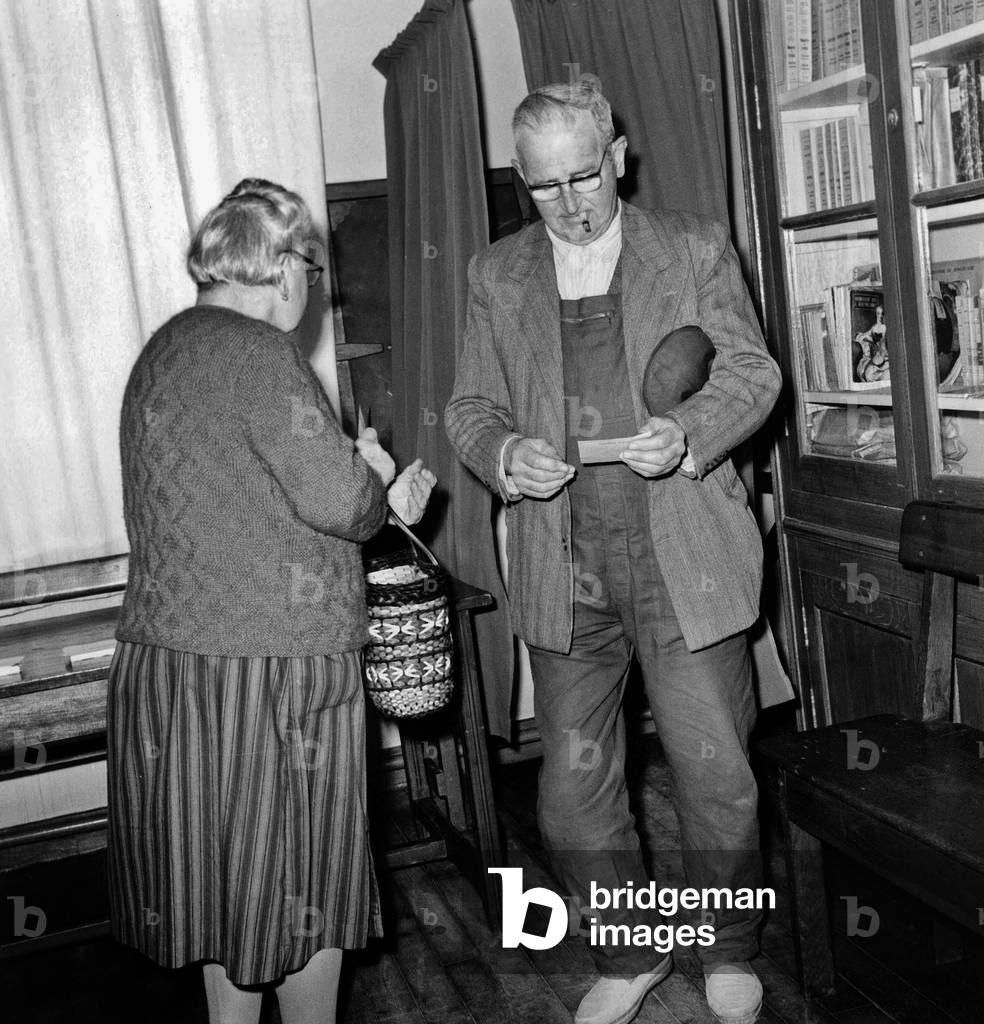 Presidential Elections 1St Turn : Couple of Peasants Voting in Orvilliers June 1, 1969 (Georges Pompidou Will Be Elected President) (b/w photo)