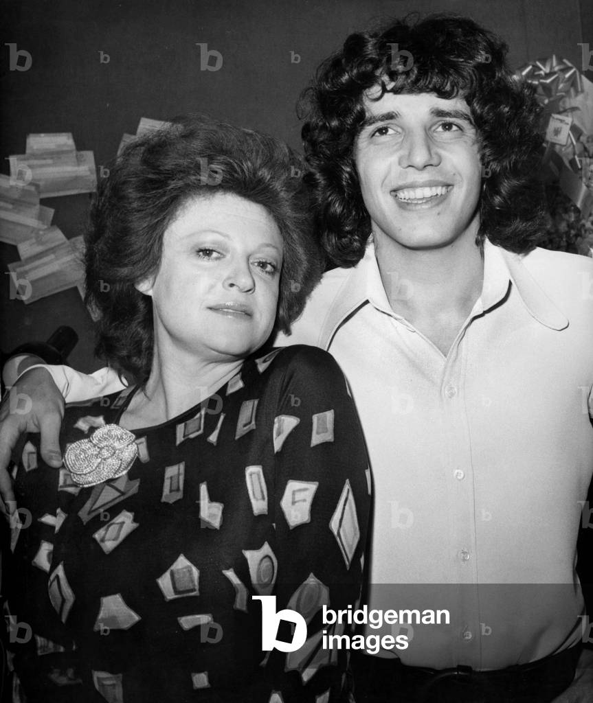 Regine Congratulating Singer Julien Clerc After Concert at Olympia December 30, 1971 (b/w photo)