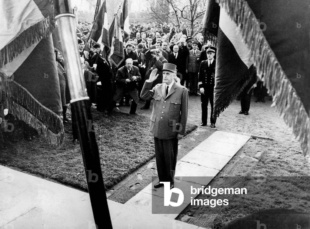 French President De Gaulle in Front of General Philippe Leclerc De Hauteclocque War Memorial November 22, 1964 (b/w photo)
