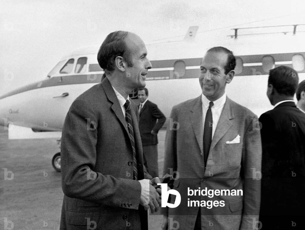 Minister Valery Giscard D'Estaing Greeted By his Brother Olivier at The Airport in Nice Cote D'Azur June 28, 1968 (b/w photo)