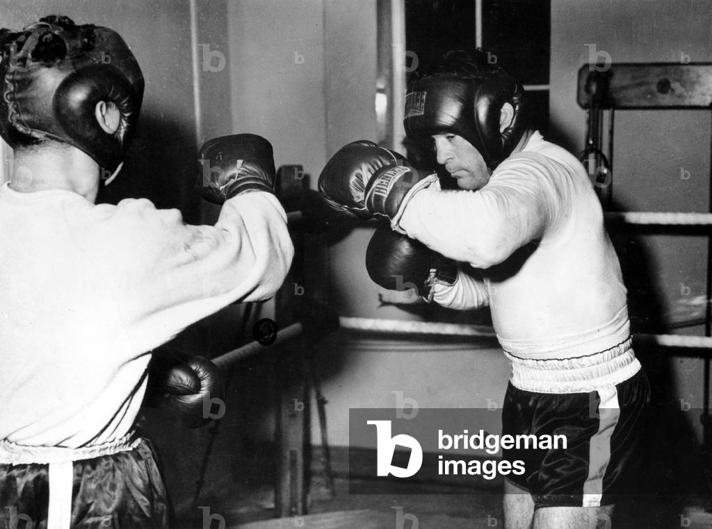 French Boxer Marcel Cerdan during Boxe Training C. 1946 (b/w photo)