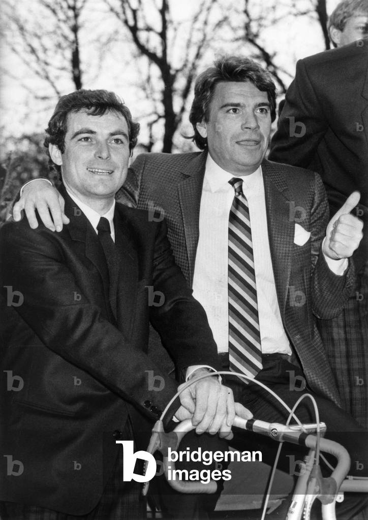 Bernard Hinault Present Bernard Tapie Present The Cycling Team For The New Season January 31, 1985 (b/w photo)