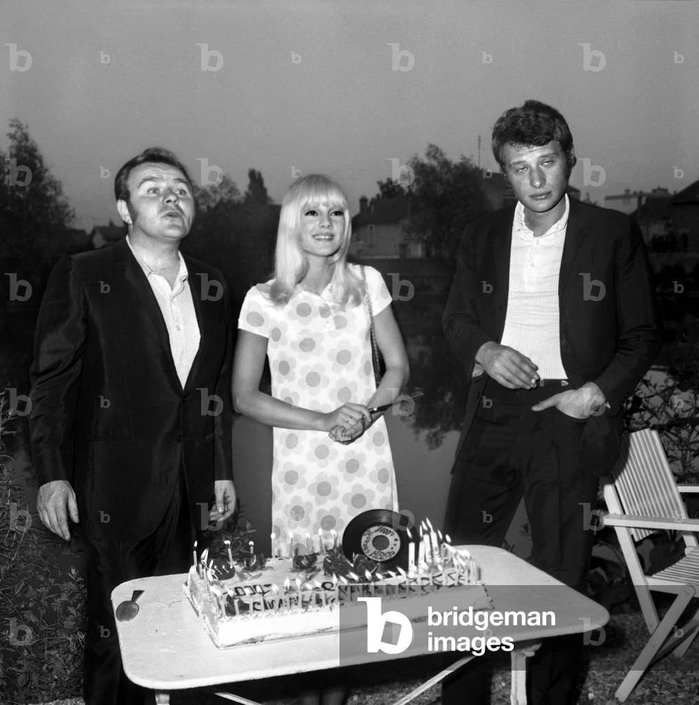 Georges Aber With Sylvie Vartan and Johnny Hallyday Around Birthday Cake To Celebrate The Lyric Writer'S 1000Th Song June 23, 1967 (b/w photo)
