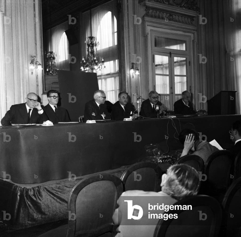 Andre Blumel, Maurice Kriegel Valrimont, Andre Hauriou, Rw Thorp, Jules Moch at Press Conference of The League Against Nuclear Weapons in Paris, May 2, 1963 (b/w photo)