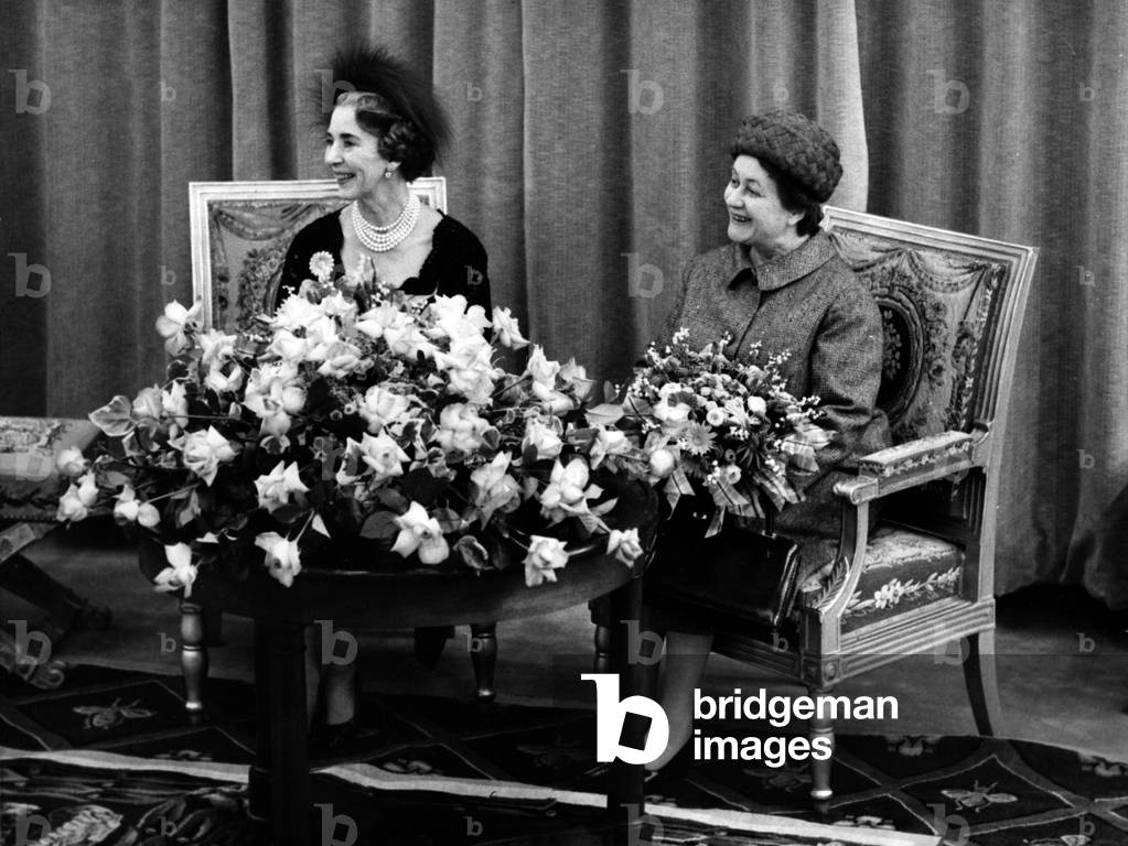 Visit of Danish Sovereigns in Paris : at Orly Airport in Paris on April 5, 1965 : Queen Ingrid of Denmark and Mrs Yvonne De Gaulle Listening Speech of Their Husbands (b/w photo)