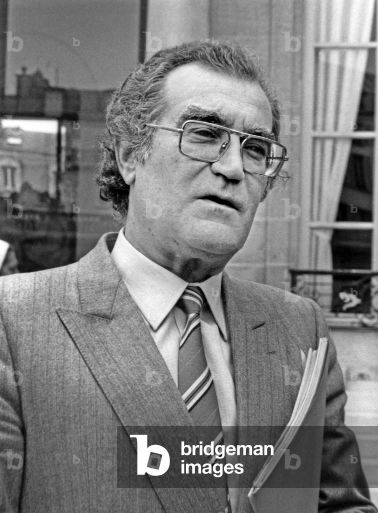 Georges Fillioud, French Minister of Communication at Elysee, Paris, March 24, 1982 (b/w photo)
