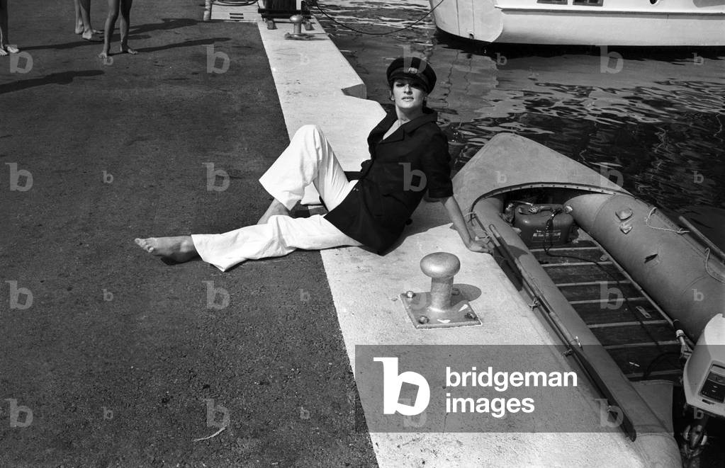 French Singer Barbara at Cannes, French Riviera, in 1966 (b/w photo)