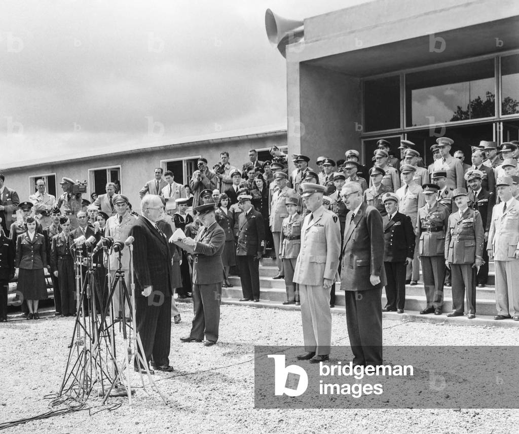 Opening of the SHAPE (Supreme Headquarters Allied Powers Europe) in Louveciennes, France, July 23, 1951 : American General Dwight Eisenhower, French President Vincent Auriol and Jules Moch (b/w photo)